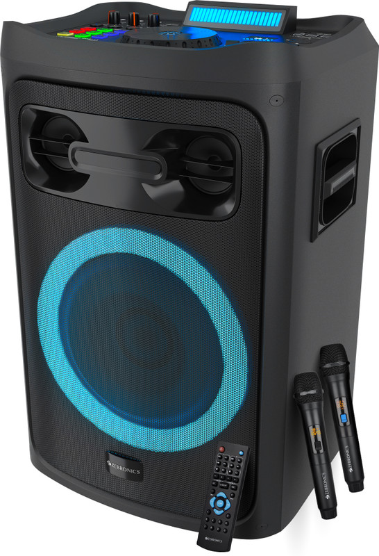 ZEBRONICS Riser, Dual UHF Wireless Mic, Karaoke Maker, TWS, USB, AUX, HDMI ARC,Guitar,Bass 210 W Bluetooth Party Speaker(Black, Mono Channel)