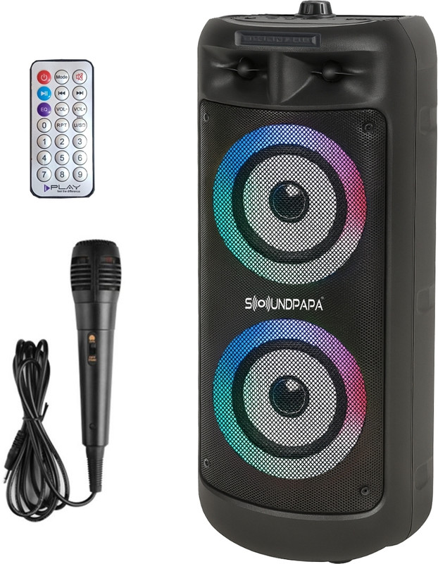 Soundpapa Speaker with Karaoke Mic, Dual Woofers, RGB Mood Lights, 2400mAh Battery 50 W Bluetooth Party Speaker(Black, 2.0 Channel) - 41% off at DetectaDeal