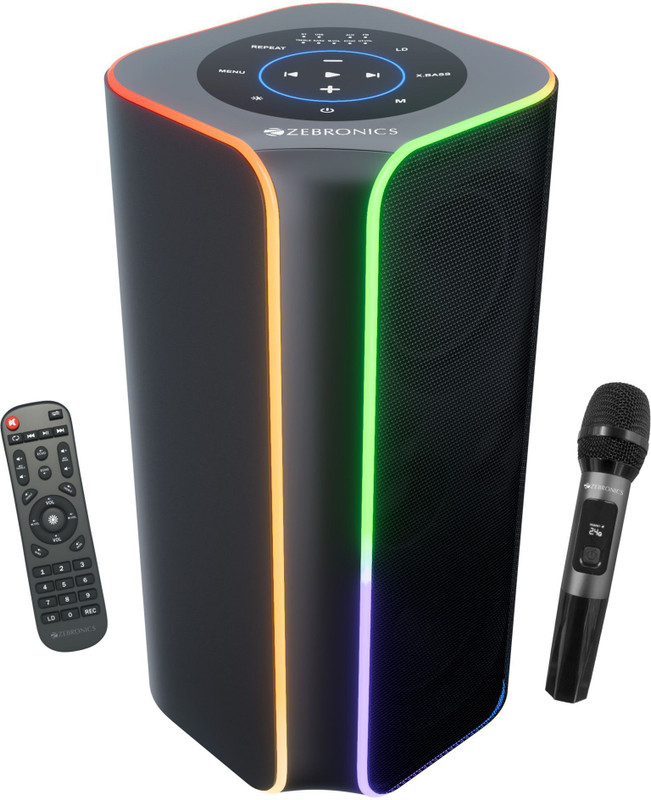 ZEBRONICS Party Fyre 700, Upto 7hrs Playback, Wireless Mic, RGB, TWS, USB, AUX. 120 W Bluetooth Party Speaker(Black, Mono Channel)