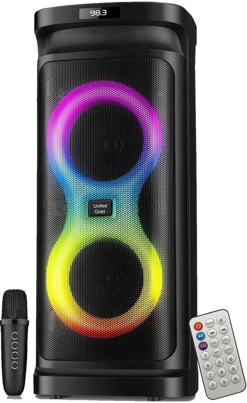 United Gold Party Box Bluetooth Speaker with Wireless Mic & Remote, Support TF Card/USB/AUX 60 W Bluetooth Party Speaker(Black, 2.0 Channel)