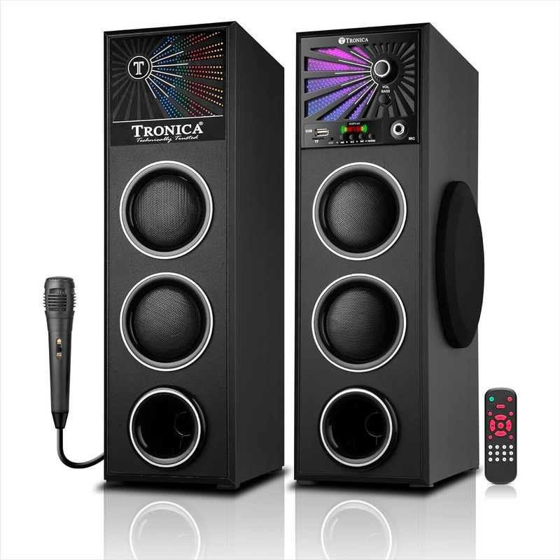 TRONICA Twin Tower Speaker with Remote & Wired Microphone,Mini SD Card/USB Support 80 W Bluetooth Tower Speaker(Black, 2.0 Channel)
