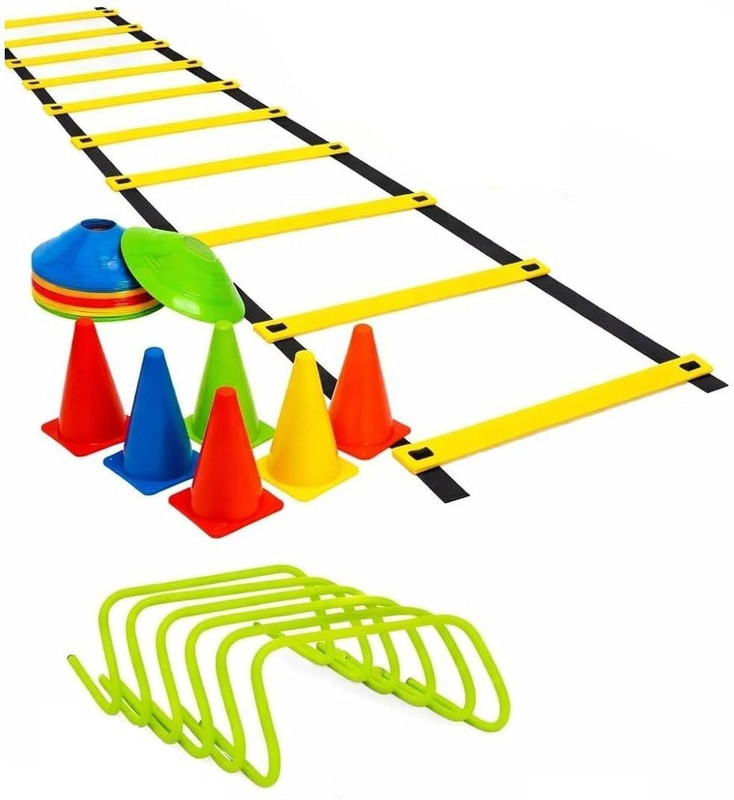 fitplayr 12inch 6Pc Speed Hurdle, 6pc Stacking Cones, 10Pc Space Markers 1 Agility Ladder Plastic Speed Hurdles(For Adults, Children Pack of 6)
