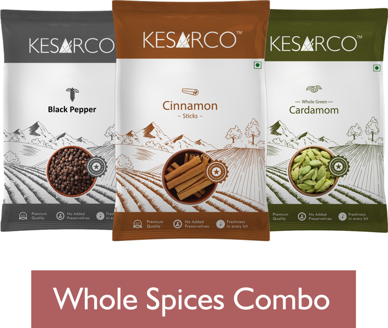 KESARCO Whole Spices Combo - Cardamom 40g, Cinnamon 50gm & Black Pepper 50gm(140 g)
