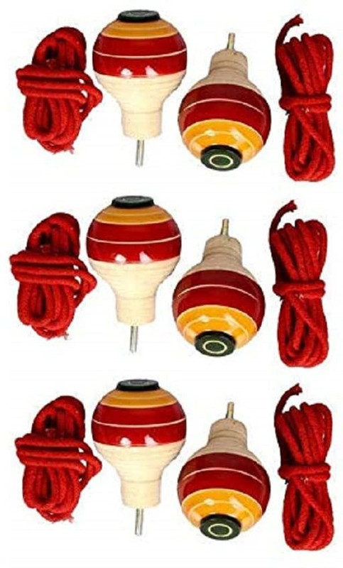 Kishore collection Wooden Spinning Lattu with Thread I Traditional Indian Game I (Pack of 6)(Multicolor)