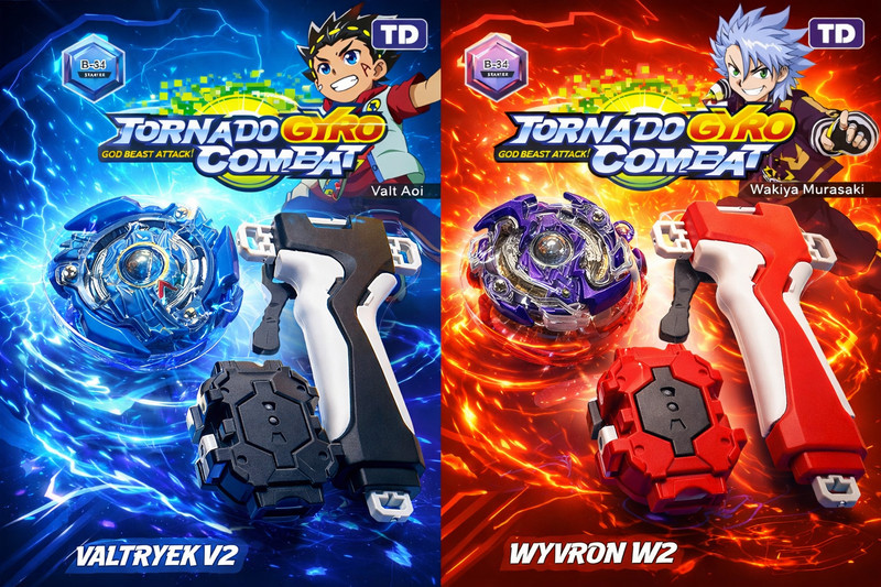 AZAD57 Beyblade Series Victory Valtryek B-34 and Wild Wyvron B-41 Spinning Top Combo(Blue, Purple)