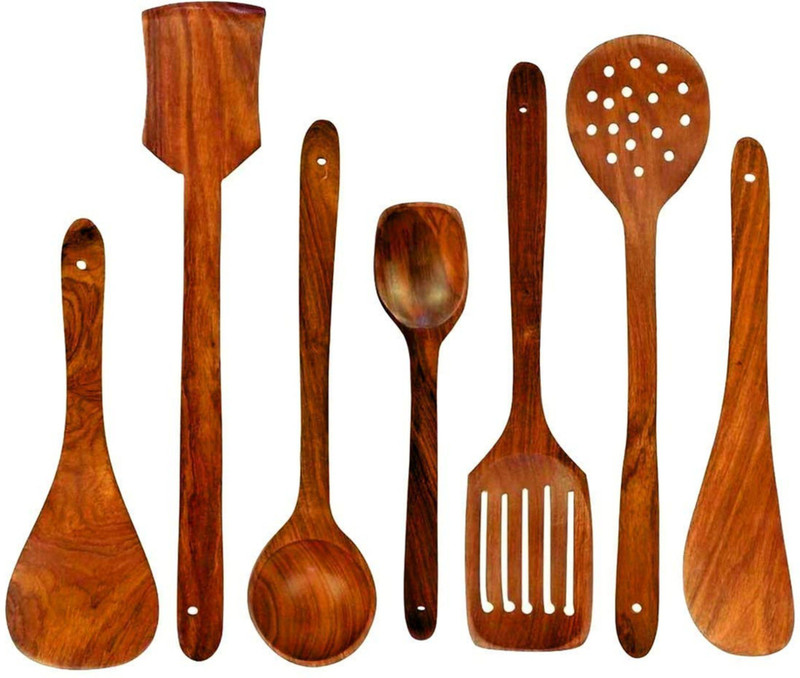 SRE Premium Non Chemical Wooden Spatula Non Stick Cooking Spoons Set of 7 Kitchen Tool Set(BROWNISH YELLOW, Spatula, Ladle, Cooking Spoon)