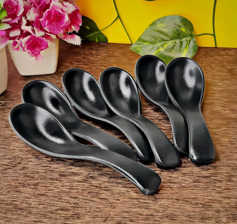 SIYAANDECOR Premium Melamine Soup Spoon Set of 6 – Matte Black Microwave Safe Serving Spoons Melamine Dessert Spoon, Measuring Spoon, Serving Spoon Set(Pack of 6)