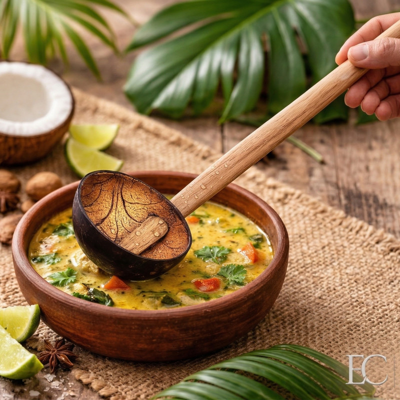 ChefNest Handmade Eco-Friendly Coconut Shell Spoons - Hand-Made, Natural Bamboo Utensils Wooden Serving Spoon Set(Pack of 4)