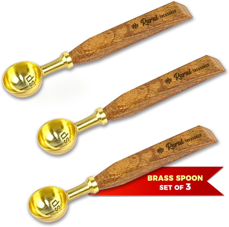 Rural Treasures Brass Spoon Set | Measuring Spoon with Wooden Handle for Hawan & Pooja | 1Tbsp | Useful for Home & Kitchen in Cooking, Baking, Tea | Set of 6 Spoons Brass, Wooden Measuring Spoon Set(Pack of 6)