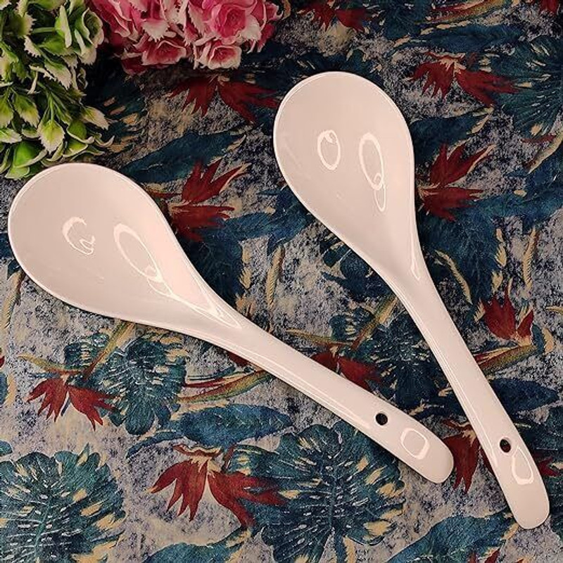 riddhi traders Premium White Ceramic Soup Spoon Set | Korean Style Rice & Soup Spoon Disposable Ceramic Serving Spoon Set(Pack of 2)
