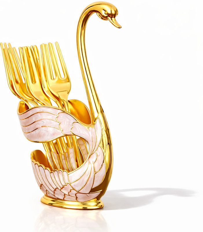 TeraaBliss Luxury Golden White Swan Cutlery Holder Set with 3 Spoons & 3 Forks Stainless Steel Table Spoon(Pack of 1)