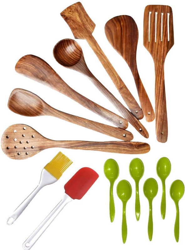 mtiban Kitchen Essentials: Spoon & Spatula Set - Natural Finish ( Pack Of 16 ) Wooden, Silicone Table Spoon Set(Pack of 16)