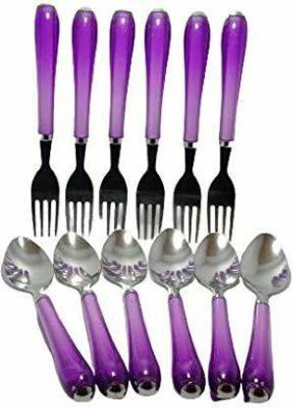 prem Steel 6 Fork & 6 Spoons with Plastic Handle for Dining Table (Set of 12) Plastic, Steel Table Spoon Set(Pack of 12)