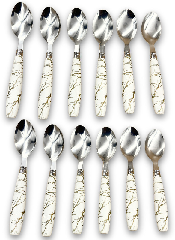 VishList Spoon Set for Dining table Stylish White Ceramic Handle Marble Steel, Ceramic Stainless Steel Table Spoon Set(Pack of 12)