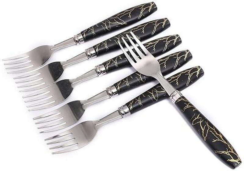 Giftofy Dining Fork Salad Marble Black Look Ceramic Design Stainless Steel, Plastic Salad Spoon Set(Pack of 6)
