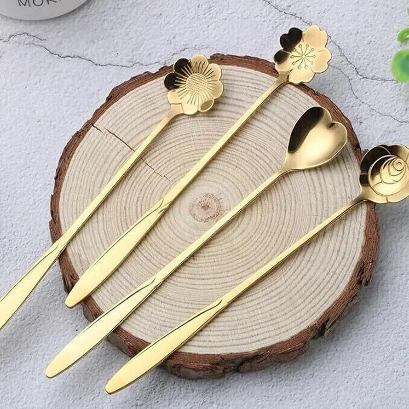 VyomEnter 4pcs Golden Spoons Coffee Spoon Flower Teaspoons Desserts Spoons Stainless Steel Coffee Spoon Set(Pack of 4)