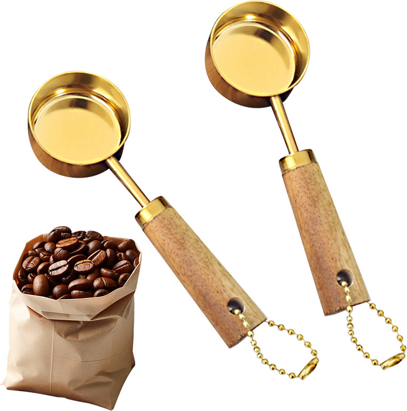 Zibuyu Wooden Handle Coffee Bean Scoop 15ml Stainless Steel Kitchen Flour Scoop Set Stainless Steel, Wooden Measuring Spoon Set(Pack of 2)