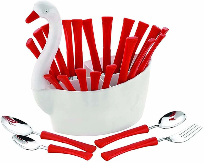 unlock Duck Cutlery Set for Dining Table with Stand-24 Piece Stainless Steel with Plastic Cutlery Set- 6 Table Spoons, 6 Tea Spoons, 6 Forks, 6 Dessert Spoons (Duck Set, Red) Stainless Steel Ice-cream Spoon(Pack of 1)