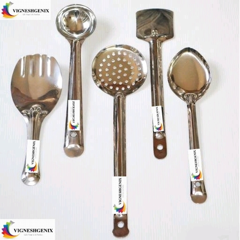 Vigneshgenix Kitchen flow Stainless steel Serving spoons set Stainless Steel Serving Stainless Steel Ladle(Silver, Pack of 5)