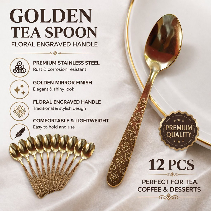 Suman sk 12 pieces premium golden golden spoon Stainless Steel Coffee Spoon, Cream Spoon, Dessert Spoon, Ice-cream Spoon, Olive Spoon Set(Pack of 12)