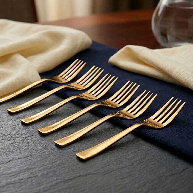 Azrin Enterprise AZRN ENTERPRISE STAINLESS STEEL GOLDEN FORK SPOON Stainless Steel Table Spoon Set(Pack of 6)