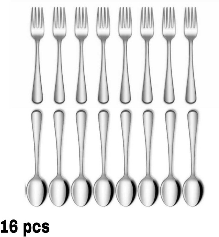 Fably 16pcs Stainless Steel Dinner Spoon Cutlery Spoon 8pc & Fork 8pc Combo set of 16 Steel Sugar Spoon Set(Pack of 16)
