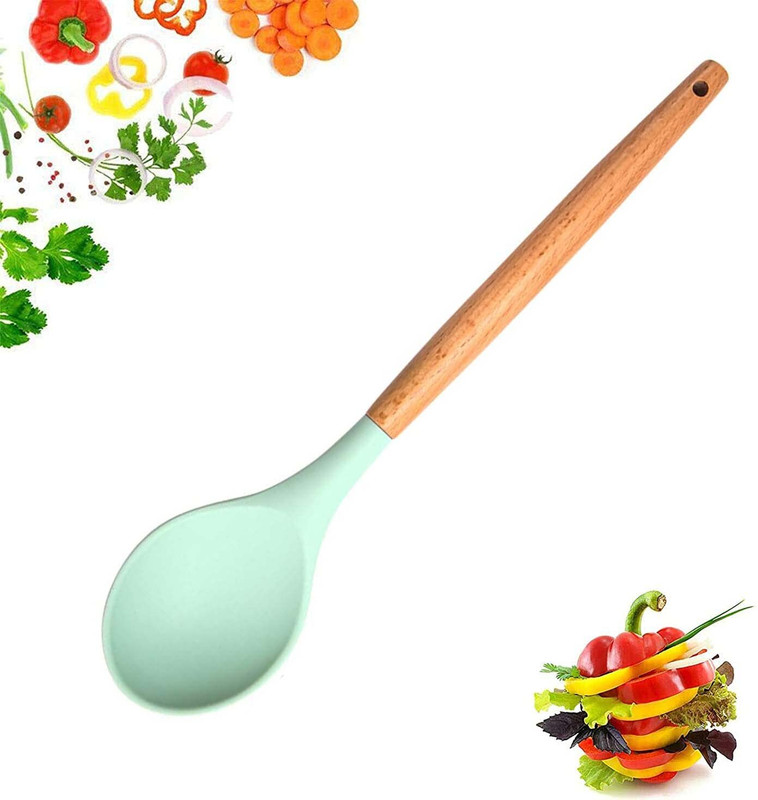 Woodtula Silicone Wooden Handle Spoon BPA-Free & Heat Resistant up to 445°F (Green, 1 Pc) Silicone Serving Spoon(Pack of 1)