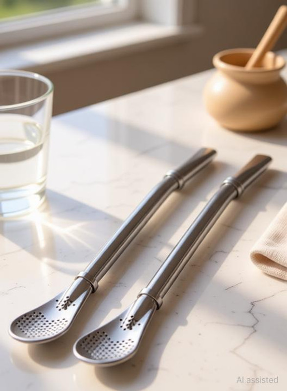 TheKitchenWault Reusable Stainless Steel 2 in 1 Drinking Straws with Filter Spoon Filtered Straw Stainless Steel Coffee Spoon Set(Pack of 2)