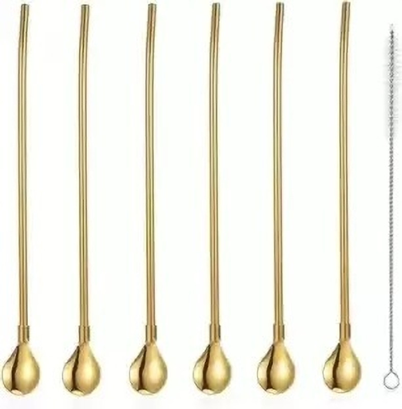 NATHI Spoon Straws Reusable Steel Drinking Spoon Straws 6 Spoon straw+1 clean brush Steel Dessert Spoon Set(Pack of 6)