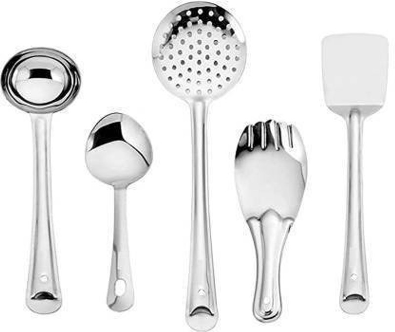 Kinchi Stainless Steel Cooking and Serving Spoon Steel Ladle(Silver, Pack of 5)