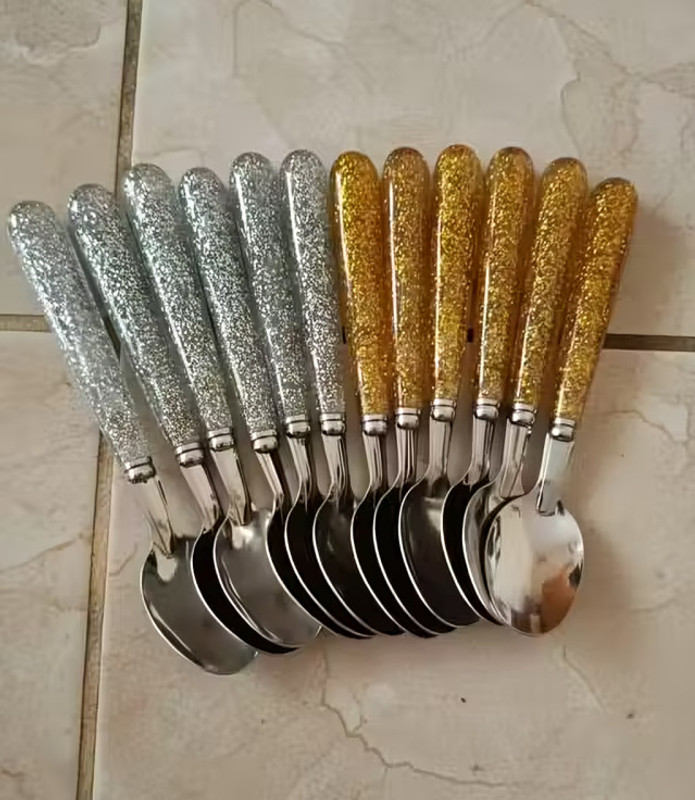 DINEZAAR Silver & Gold Sparkel/Glitter Stainless Steel, Ceramic Table Spoon Set(Pack of 12)