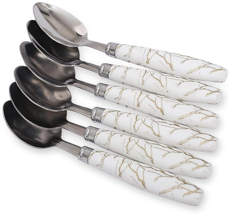 Buyer's Choice White Marble Handle Stainless Steel Teaspoon for Dining Stainless Steel Ice Tea Spoon Set(Pack of 6)