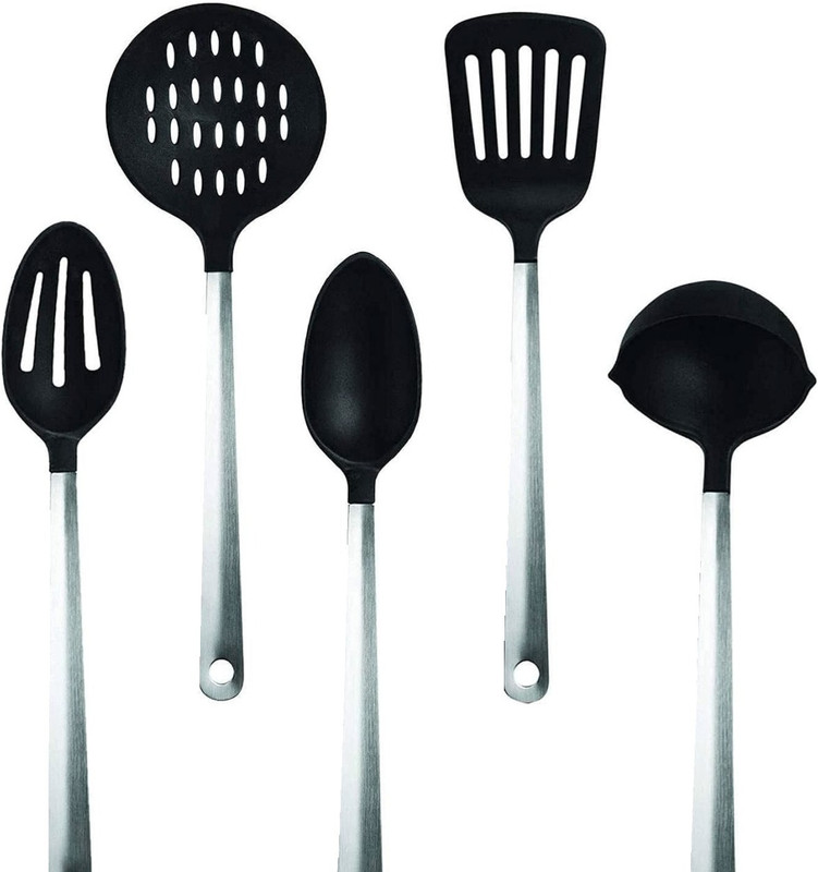HELIMIX Nylon Nonstick Serving Spatula Pasta Server Deep Ladle turner Kitchen Stainless Steel Serving Spoon Set(Pack of 5)
