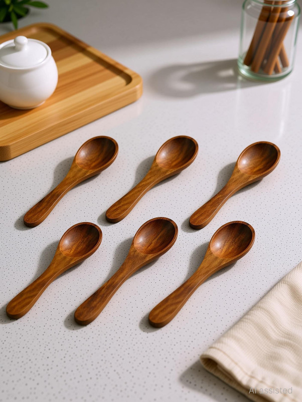 Habit Art Masala Ice-Cream Sugar Salt Small (6 pcs) | Masala Spoon Kitchen, Jars & Daily | Wooden Tea Spoon Set(Pack of 6)