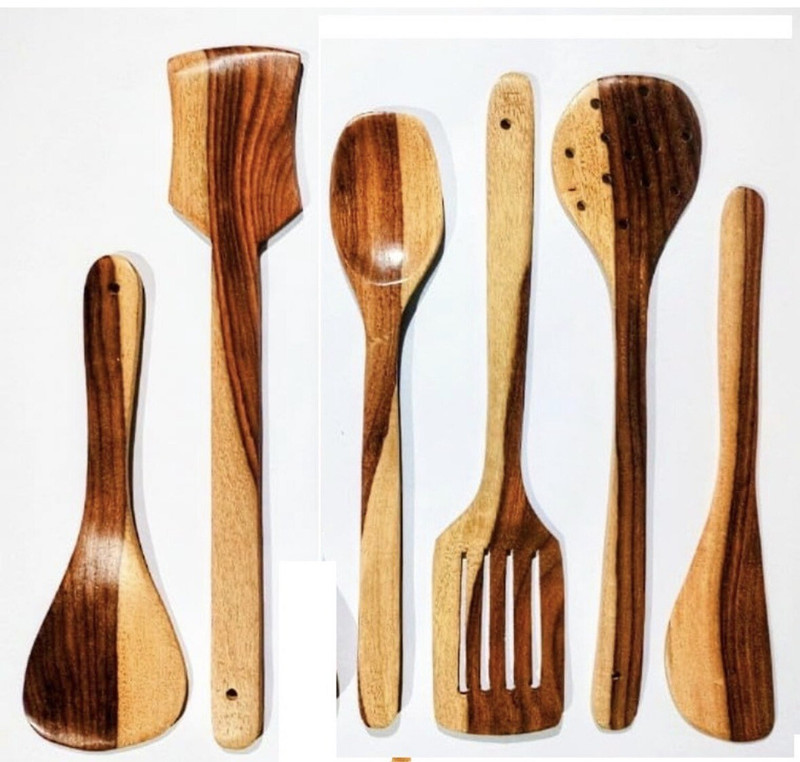 LUNATIC CRAFTWORK Non Chemical kitchen lovers Brown yellowish Kitchen Tool Wooden Wooden Serving Spoon Set(Pack of 7)