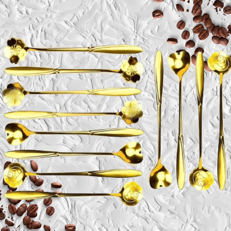 TAPAHPRIYAY 12pcs Golden Spoon Set Flower Shape Coffee Spoon Stainless Steel Gold Spoon Steel Dessert Spoon Set(Pack of 12)