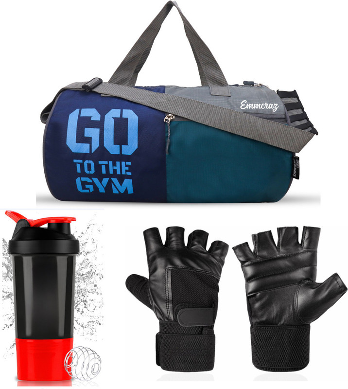 EMMCRAZ Polyester Gym Bag with bottle and gloves with ATTACH WRIST SUPPORT GYM KIT BAG(Blue, Kit Bag)