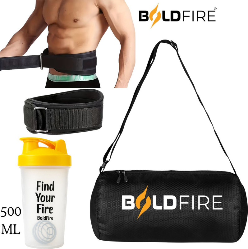 BoldFire Gym Combo Set – Weight Lifting Belt + Gym Duffle Bag + 500ml Shaker Bottle(Black, Kit Bag)
