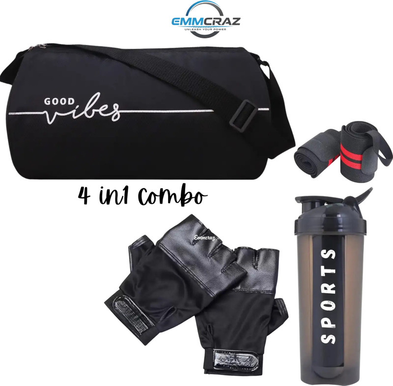 EMMCRAZ BLACK GYM BAG WITH PREMIUM SHAKER BOTTLE ,GLOVES AND WRIST SUPPORT(Black, Dry Bag)