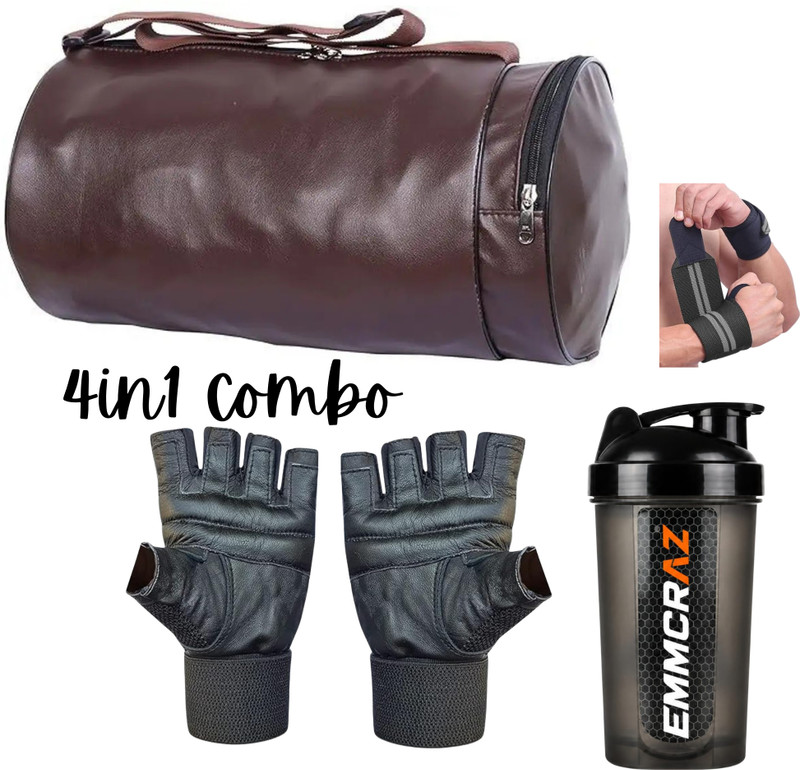 EMMCRAZ gym bag with protein shaker with gym gloves and wrist support(Brown, Kit Bag)