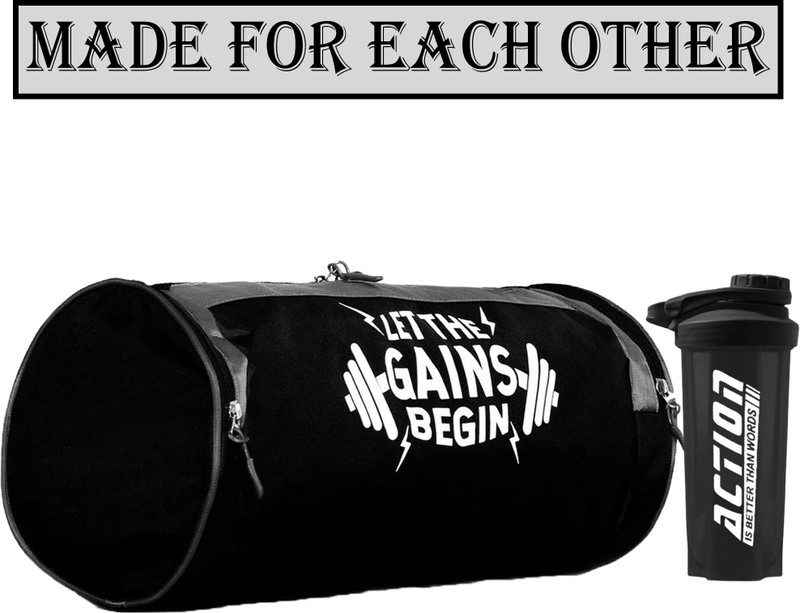 COOL INDIANS Gains Gym Bag Combo With Protein Shaker Bottle & Band Duffle Bag Workout Sports(Black, Kit Bag)