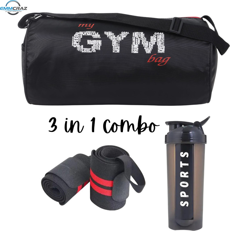 EMMCRAZ Combo Wrist Band With Gym Bag & 700ML Gym Shaker PACKOF3) (Black, Kit Bag)(Black, Kit Bag)