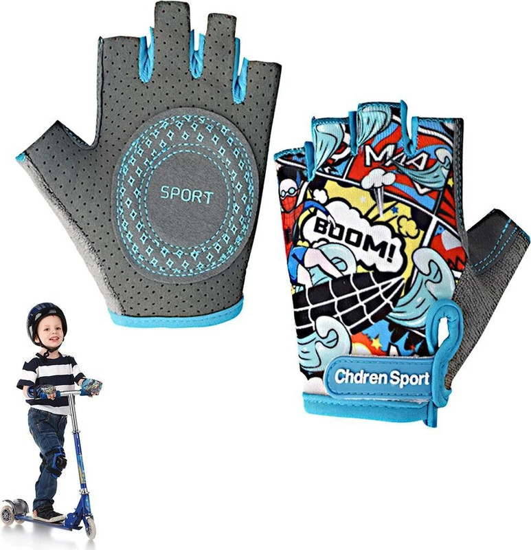 gustave Kids Bike Gloves Cartoon Print Anti-slip Breathable Fingerless for Ages 4-8 Cycling Gloves(Blue)