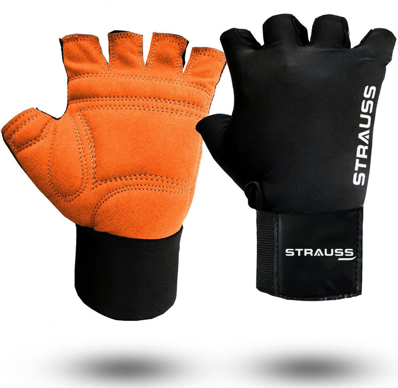 Strauss Suede Gloves with Wrist Wrap Support | Exercise Gloves| Gym Gloves, XL Gym & Fitness Gloves(Orange & Black)