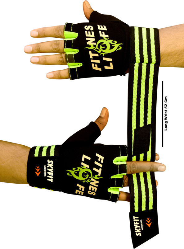 SKYFIT Geniun Leather Padds Strong wrist Support Gym Sports Gloves Gym & Fitness Gloves(Green, Black)