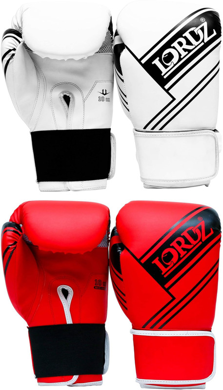 Lordz Boxing Gloves PU Leather, sandwich padding for men, women (Pack of 2 set) 10oz Boxing Gloves(Red, White)