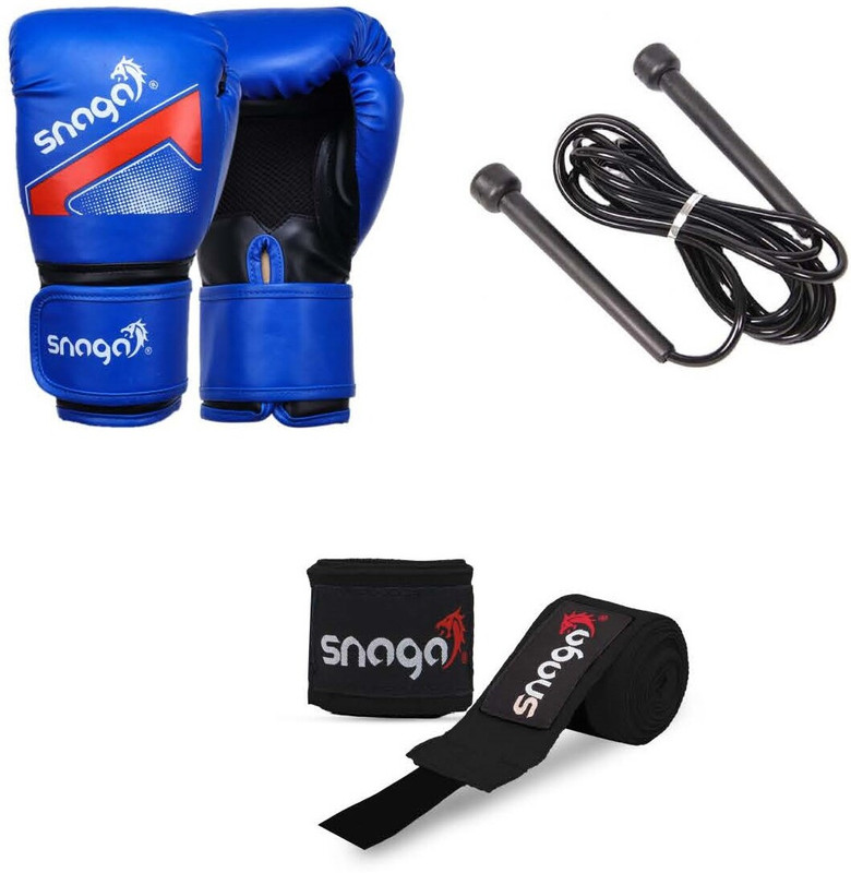 Snaga Boxing Gloves with Supportive Hand Wraps & Skipping Rope 10oz Boxing Gloves(Blue)