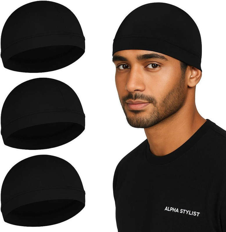 ALPHA STYLIST Helmet Skull Caps for Men Cotton Head Caps Hair Inner Helmet Cover Cap Wear with Riding Gloves(Black)