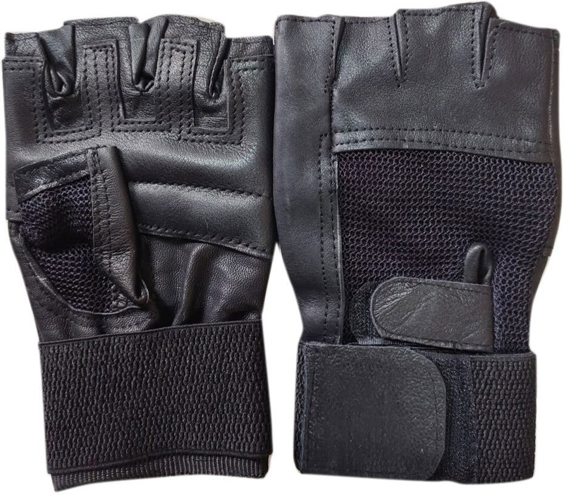 Manogyam Basic Leather with inbuilt Wrist Support Gym & Gym & Fitness Gloves(Black)