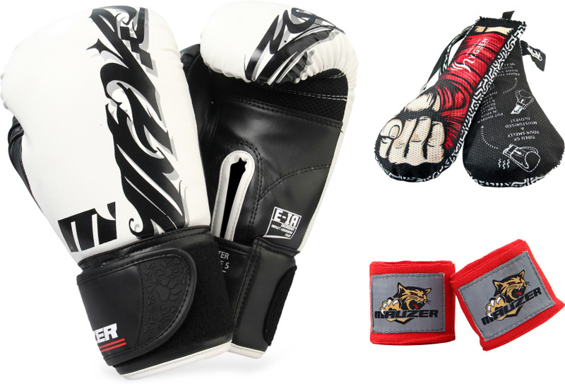 Mauzer Tribal Shadow Fighter Boxing Gloves + Mexican Hand Wraps + Charcoal Deodorizer Boxing Gloves(White & Blue & Black)